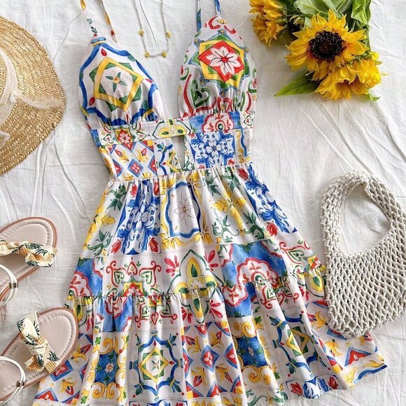 Dresses & Skirts - Multicolor Boho Women's Sicily Style Cutout Back Double Layered Short Dress